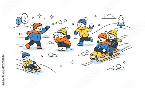 Winter snow activities. Kids playing in the snow with snowballs and sleds, lively but calm seasonal mood. Simple trees, hills, and motion