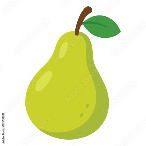 A simple, elegant green pear with a brown stem and leaf. A clean flat-style graphic for fruit baskets and healthy snack themes.