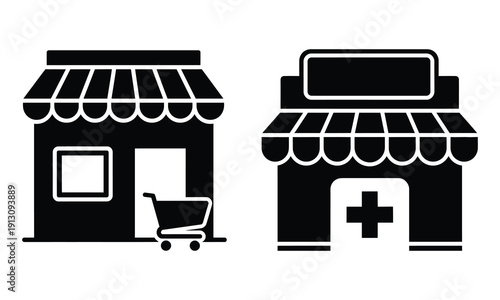 Black and white storefronts with shopping cart and pharmacy sign