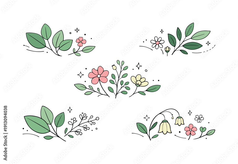 Obraz premium Serene Botanical Design. Botanical composition pieces. Floating leaf clusters, tiny florals and natural outlines arranged with rhythm and simplicity. Fresh and