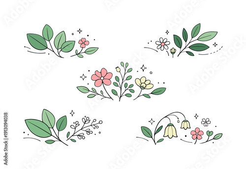 Serene Botanical Design. Botanical composition pieces. Floating leaf clusters, tiny florals and natural outlines arranged with rhythm and simplicity. Fresh and