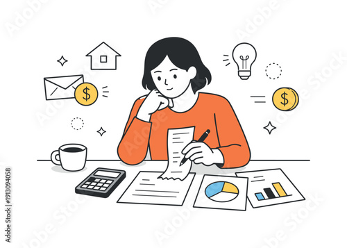 Cost of living. A person reviewing household expenses with bills and simple charts on a table. Calm, thoughtful mood showing everyday