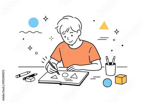 The process of creating art. A calm editorial scene of an artist sketching initial ideas on paper, surrounded by pencils and simple shapes.