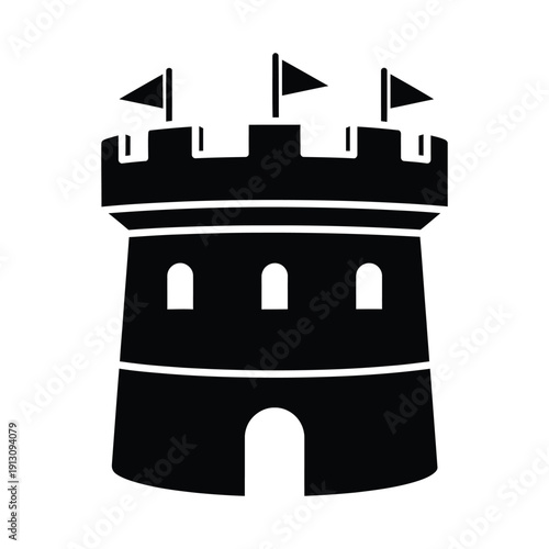 A black and white illustration of a medieval castle tower with flags and battlements