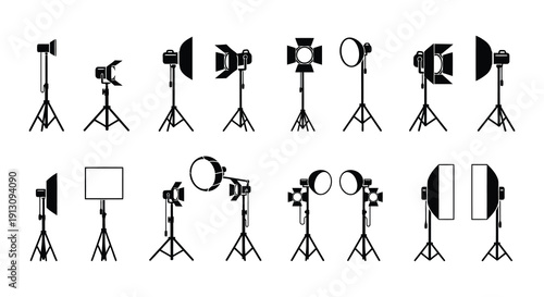 Various studio lighting equipment illustrated in a black and white graphic