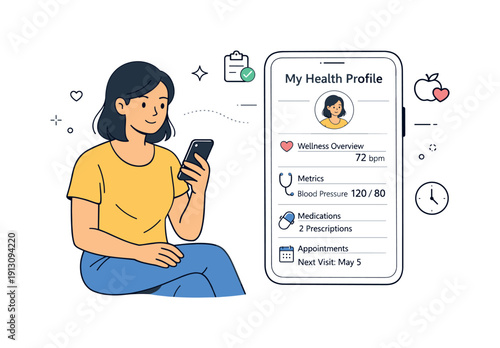 Digital health profile. A person accessing their personalized health record on a smartphone, calm and confident posture. Editorial lifestyle