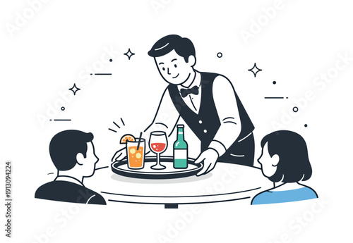 Waiter tray. A server gently placing a tray with drinks onto a table for guests. The atmosphere is polite, calm, and welcoming. Minimalist