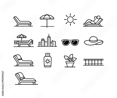 Rooftop Sunbathing Icons. Rooftop Sunbathing. Line icon set of Rooftop Sunbathing: rooftop lounge chair, sun umbrella, sun rays, person sunbathing, rooftop