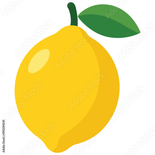 A bright yellow lemon with a green leaf in a clean flat design. Perfect for refreshment, vitamin C, and culinary seasoning themes.