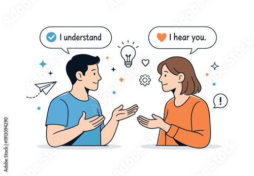 Calm Conflict Resolution. Conflict resolution in personal relationships. Two people calmly talking face to face, using open gestures and speech bubbles to show