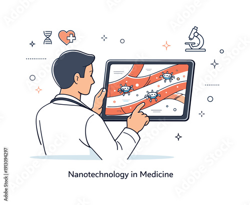 Nanotechnology in medicine. Doctor observing tiny nanobots moving through abstract blood vessels on a tablet screen. Calm sense of precision