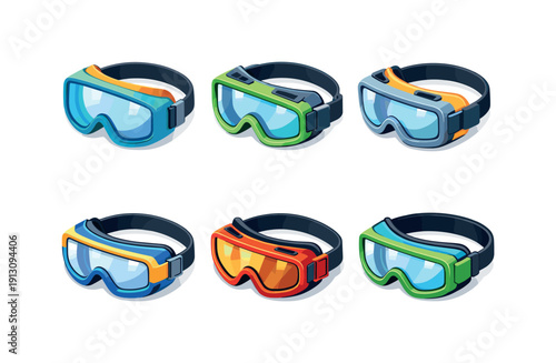    Industrial eye protection. Isometric flat vector icons set of industrial eye protection: wide-lens safety goggles, indirect vent goggles,