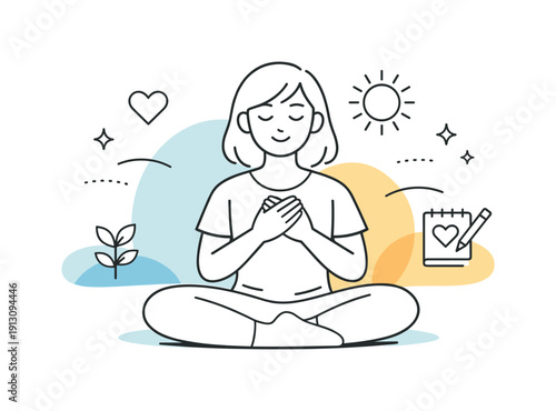 Gratitude reflection moment. A quiet scene of mindful breathing and thankfulness, with abstract shapes reinforcing calm emotions and clarity.