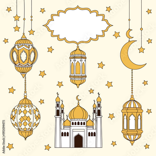 Islamic Lanterns and Mosque Illustration.