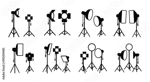 Various studio lighting equipment illustrated in a black and white graphic