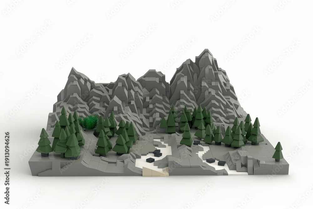 Fototapeta premium 3D isometric view of gray mountains with green trees in style on white background, miniature landscape illustration