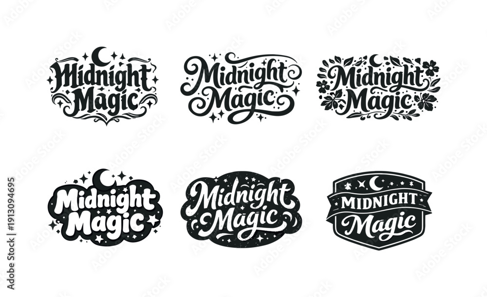 Fototapeta premium Midnight Magic. Set lettering. harmonious lettering variations of the same emblematic concept, each with different artistic interpretation