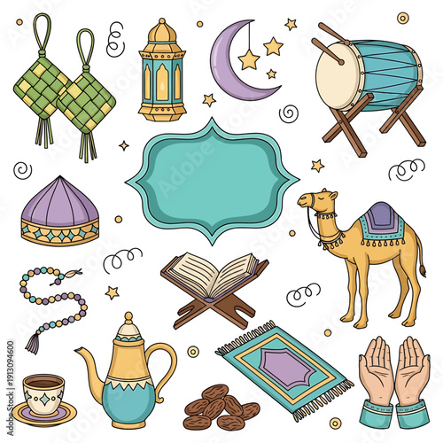 Ramadan Islamic Symbols and Objects Illustration.
