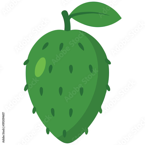 A green, textured soursop or custard apple illustration. A unique flat vector for exotic fruit education and tropical juice branding.