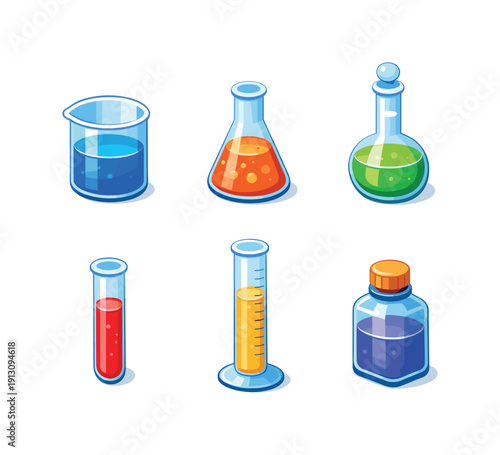 LabGlassware. Isometric flat vector icons set of LabGlassware: beaker, erlenmeyer flask, volumetric flask, test tube, measuring cylinder,