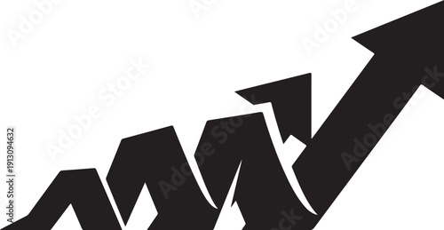 Black arrow graph trending upwards on white background steadily