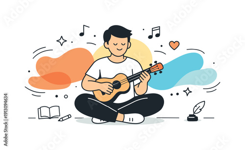 Life through artistic expressions (art, poetry, music). Musician playing a simple instrument while abstract color shapes move rhythmically