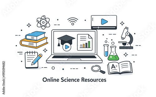 Online science resources. A laptop surrounded by icons of books, videos, and experiments, organized and accessible. The scene emphasizes open