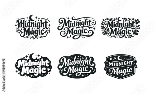 Midnight Magic. Set lettering. harmonious lettering variations of the same emblematic concept, each with different artistic interpretation