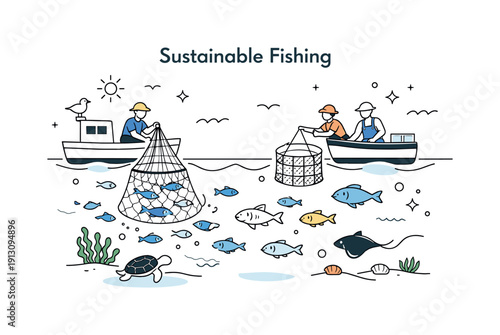 Sustainable Fishing Scene. Sustainable fishing. A calm editorial scene of small fishing boats using selective nets, with fish swimming freely around. Balance