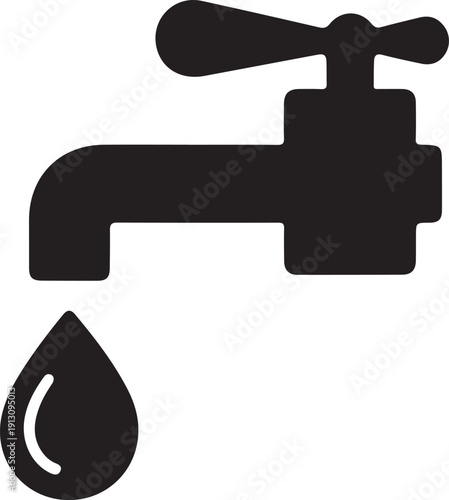 Water Faucet with Drop Icon Solid Symbol, Black solid faucet tap icon with water drop, representing plumbing, water supply, conservation, sanitation and household utility concepts.


