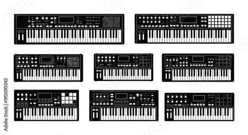 Collection of black music synthesizers with keyboards and digital displays