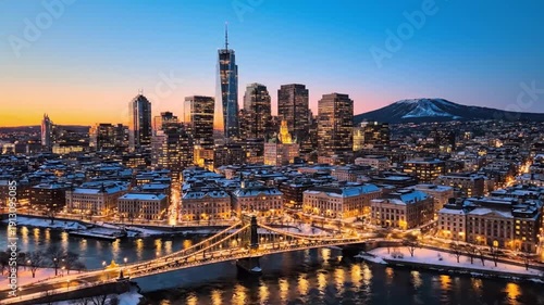 Illuminated Cityscape at Dusk: Bridge, Buildings, and Mountain.