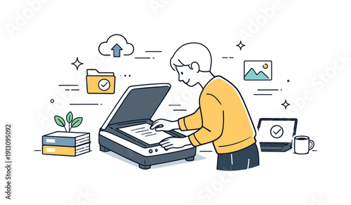 Scanning documents. A person placing papers into a flatbed scanner, calm office mood showing organization and digital workflow with light
