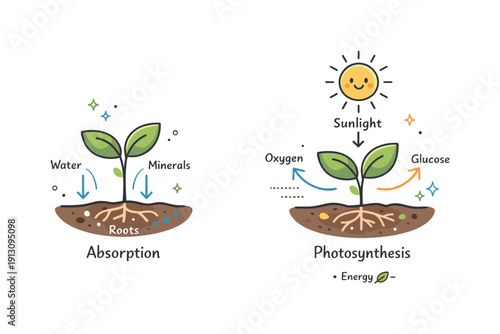 Botany education concept. A plant diagram with sunlight icons and subtle labels, explaining absorption and photosynthesis in a friendly