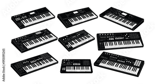Collection of black music synthesizers with keyboards and digital displays