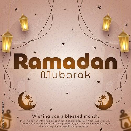 Ramadan Mubarak Greeting Card with Lanterns and Moon, Islamic Holy Month Celebration Banner with Golden Lights, Elegant Ramadan Kareem Poster for Social Media Post, Muslim Religious Festival Backgroun