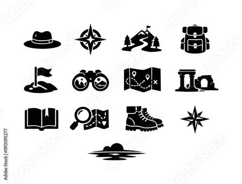    Explorer. Solid icon set of Explorer: adventurer hat, compass rose, mountain trail, backpack gear, discovery flag, binoculars view, route