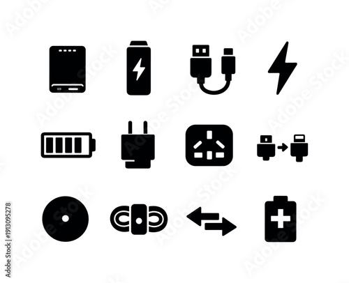 Portable Charging Icons. Portable charging solution. Solid icon set of Portable charging solution: power bank, portable charger, USB cable, fast charging bolt,