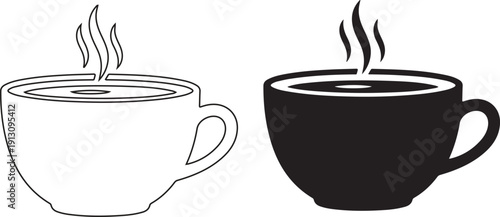 Modern black-and-white vector illustration collection featuring hot beverage cups with steam, coffee mugs, and tea cup designs. Perfect for café branding, restaurant menus, coffee shop logos