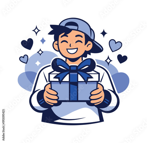   Gifts for friends. Person holding a beautifully wrapped gift box with a ribbon, small hearts