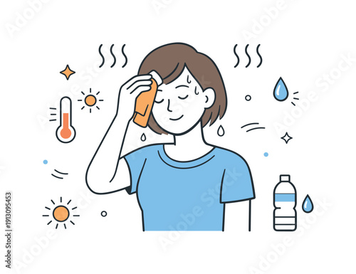 Temperature and sweating. A character gently wiping their forehead with small heat waves and droplets around, showing natural body response.