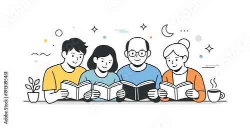 Reading together. Several characters quietly reading the same book in a shared space, feeling of focus and comfort. Peaceful atmosphere with