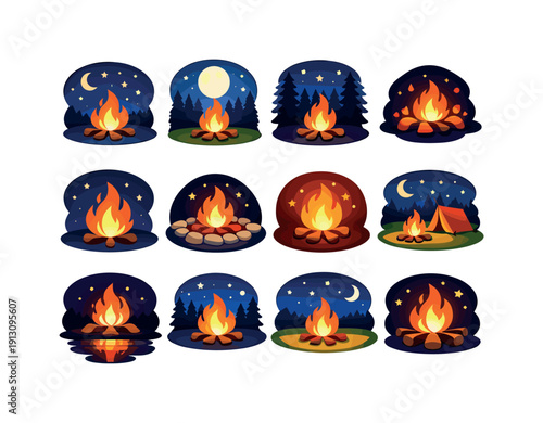 Night Campfire Icons. Night Campfire. Colorful flat vector icons set of Night Campfire: fire under stars, moonlit campfire, dark forest fire, glowing coals,