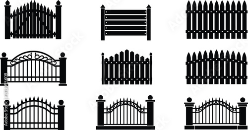 Fence Gate Silhouette Collection Wooden Metal Garden Barrier Picket Decorative Entrance Security Vector Set Illustration