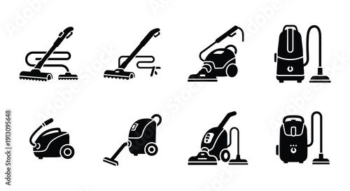Black and white icons depicting various types of vacuum cleaners