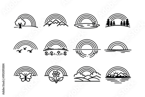 Rainbow with Nature. Line icon set of Rainbow with Nature: rainbow and tree, rainbow and mountain, rainbow and lake, rainbow over forest,