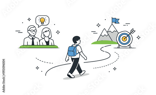 Path to growth. Person walking toward symbolic figures or icons representing mentors and goals, calm and optimistic mood. Visual metaphor for