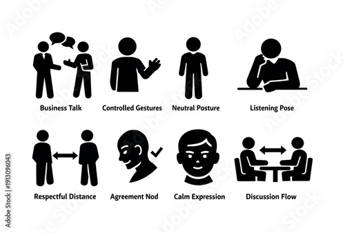 Business Body Language Icons. Professional discussion body language. Filled icon set of Professional
