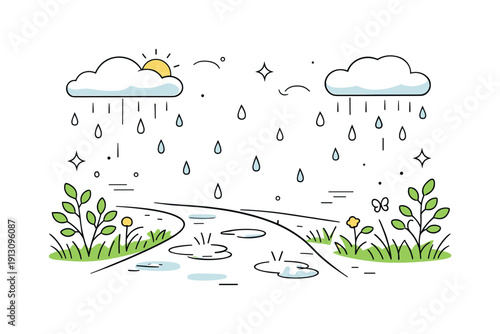 Spring rain atmosphere. Gentle rain clouds hover above a wet walkway bordered by young leaves and grass. Soft melancholy, calm rhythm, and