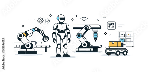   Future factory robotics. Stylized industrial robots arranged in an open production space, symbolizing advanced manufacturing and innovation.